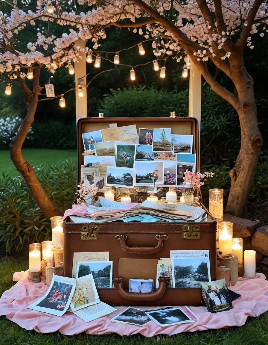 A whimsical collage showcasing a vintage suitcase filled with old photographs, vintage postcards, and mementos, surrounded by soft glowing fairy lights. In the background, a winding path lined with blooming cherry blossom trees leads to a serene sunset, evoking a sense of nostalgia and warmth. The color palette should be warm and inviting, with soft pastels and hints of gold. Painting style. vibrant colors.