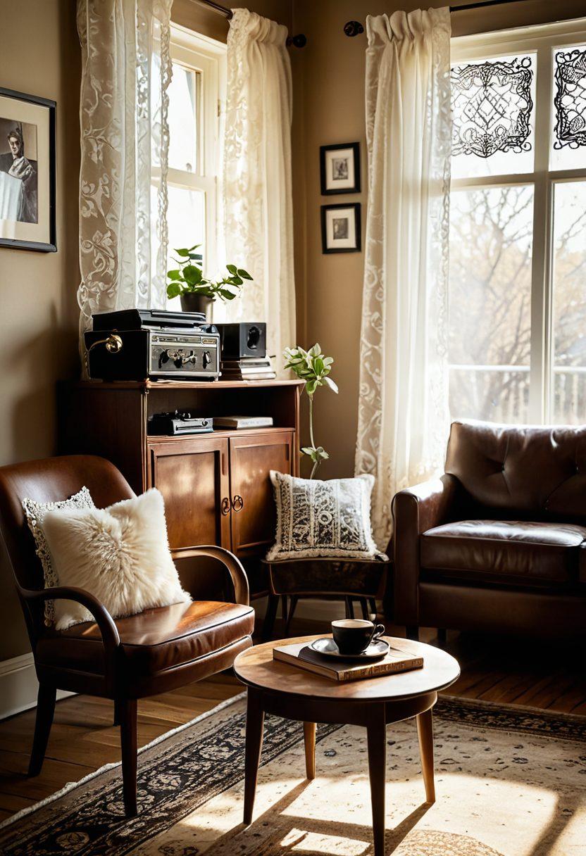 A nostalgic living room filled with vintage furniture, a record player softly spinning classic vinyls, and warm sunlight filtering through lace curtains. On the walls, framed black and white photos of families enjoying timeless experiences from the past, adorned with a hint of retro patterns. In the foreground, a steaming cup of coffee on a side table next to a well-loved book. warm tones, vintage style, soft focus.