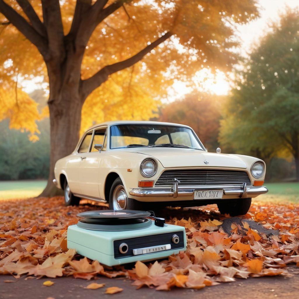 A collage of retro items like a vintage record player, old photographs, and a classic car parked under a tree with autumn leaves falling. Include a dreamy filter to evoke a sense of nostalgia, surrounded by soft glowing lights. The background should hint at a sunset, creating a warm, inviting atmosphere. whimsical, pastel colors, soft focus.